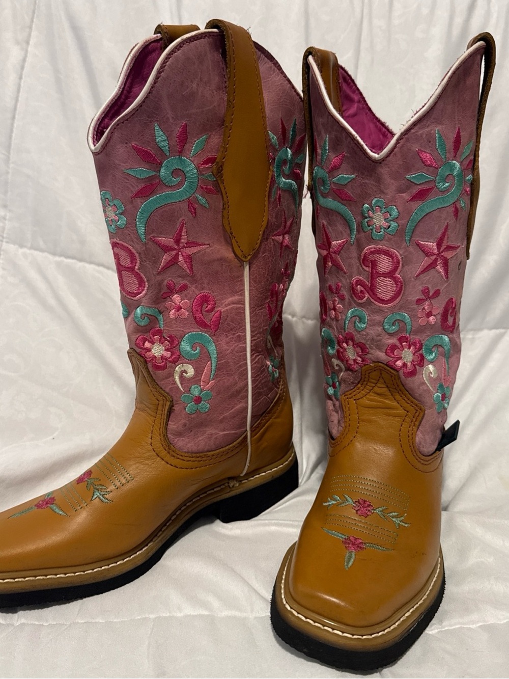 Women's Pink & Tan Embroidered Western Cowboy Boots